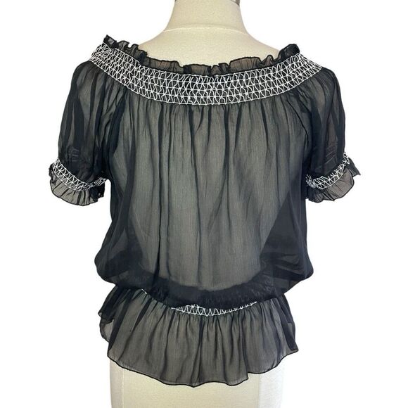 ❄️3/$20 PLANET GOLD Floral Embroidered Semi-Sheer Smocked Peplum Blouse, Large - Picture 3 of 6